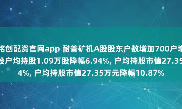 铭创配资官网app 耐普矿机A股股东户数增加700户增幅7.46%, 流通A股户均持股1.09万股降幅6.94%, 户均持股市值27.35万元降幅10.87%